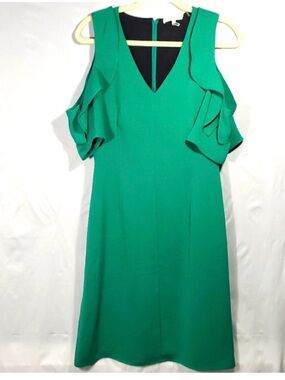 Mika Mindel green open cold ruffled shoulder sheath dress. Size 6